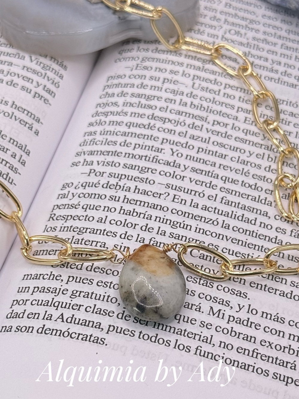 Gold Link Necklace with yellow labradorite  teardrop pendant